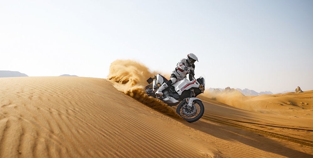 Rider on the DesertX in sand dunes for the sand section