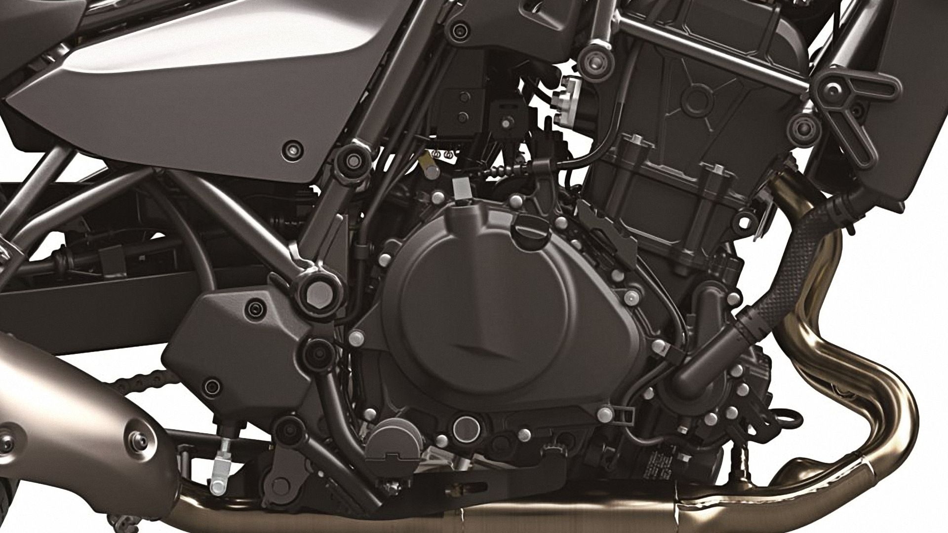 Close-up of the 451cc parallel-twin engine with blacked-out cases