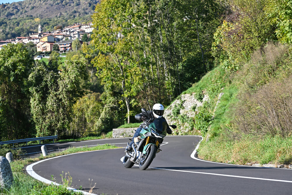 Action shot of the Mandello S being ridden through mountain pass corners