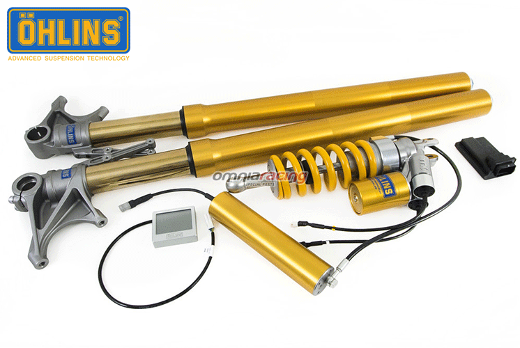 Detail shot of the Öhlins USD fork and suspension hardware