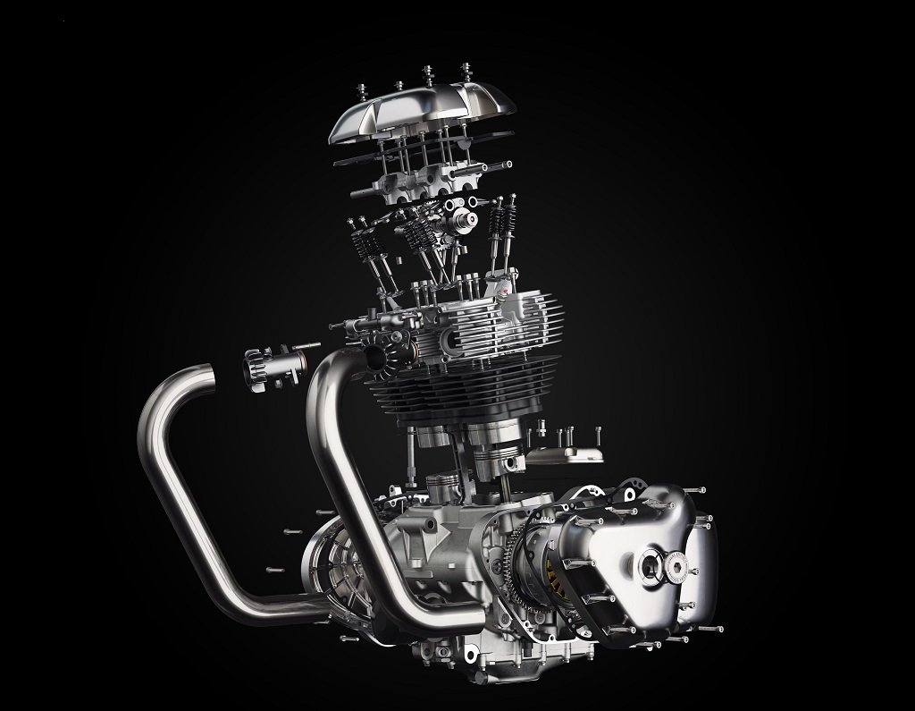 Close-up of the 648cc parallel-twin engine showing chrome and mechanical detail