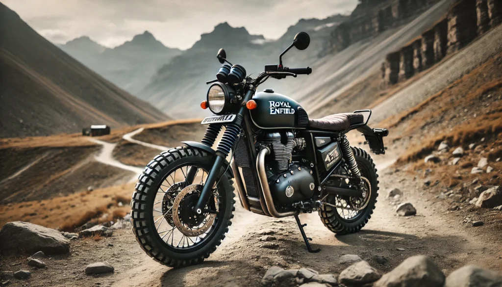 Action shot of the bike being ridden on gravel or dirt trail