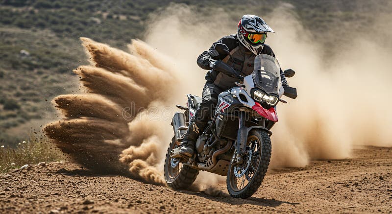 Action shot of adventure bike on mixed terrain to accompany chassis section