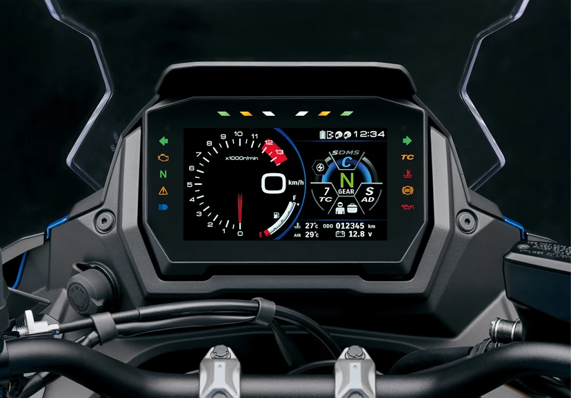 Close-up of the 7-inch TFT instrument cluster and handlebar controls