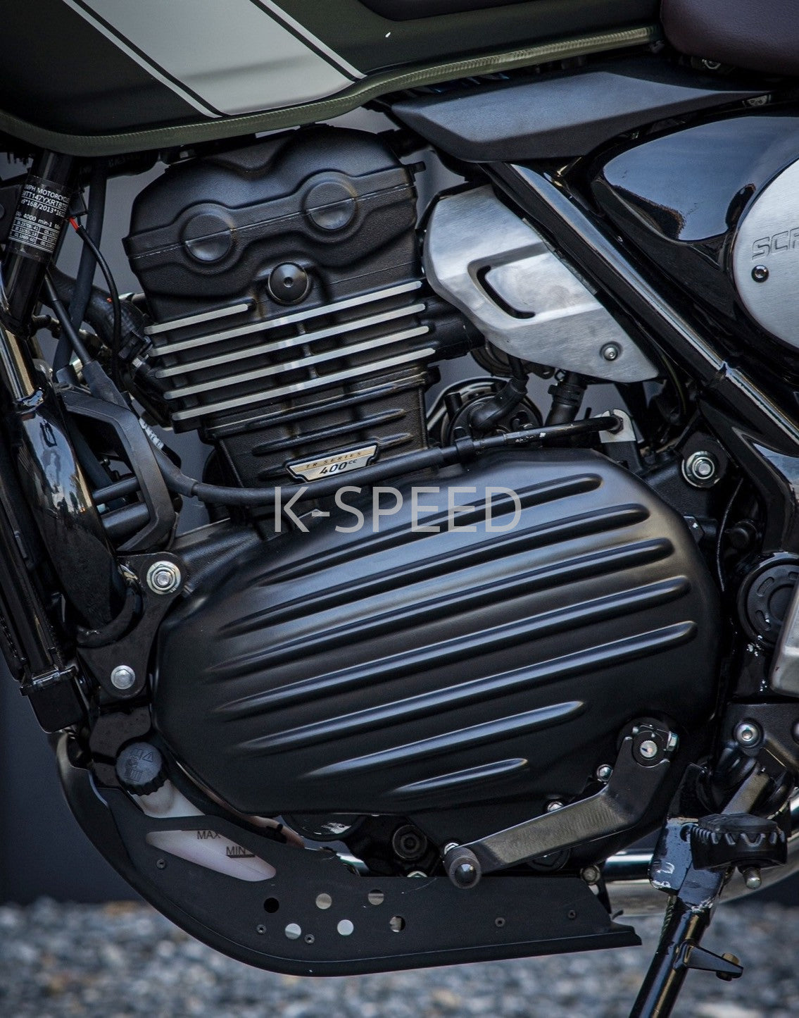 Close-up of the 398cc single engine and side covers