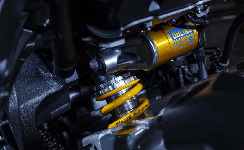Close-up of the Öhlins ERS front fork or rear shock