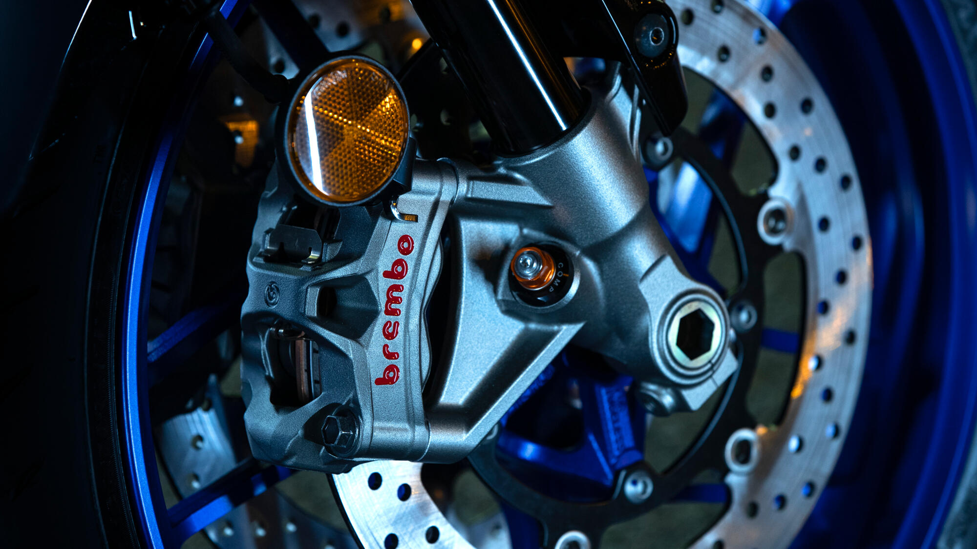 Detail shot of the Brembo Stylema caliper and front disc