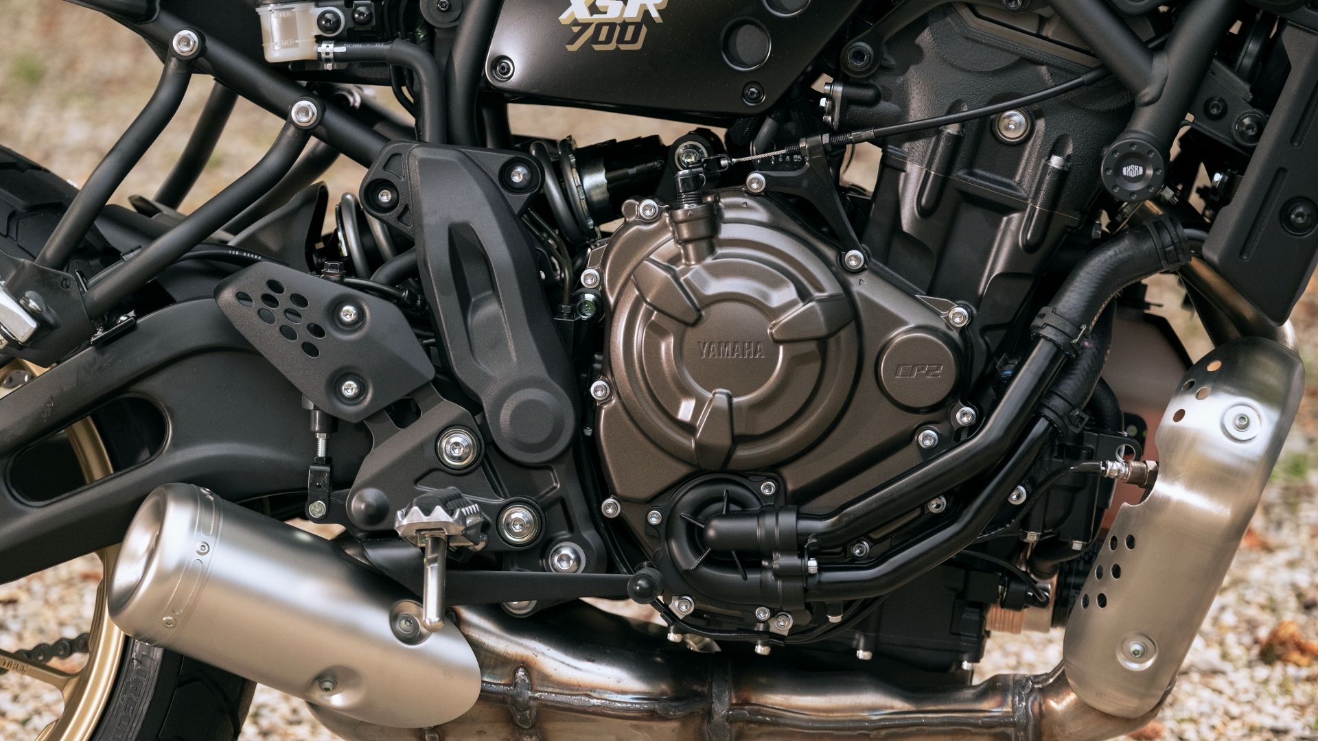 Engine detail shot highlighting the 689cc CP2 parallel-twin