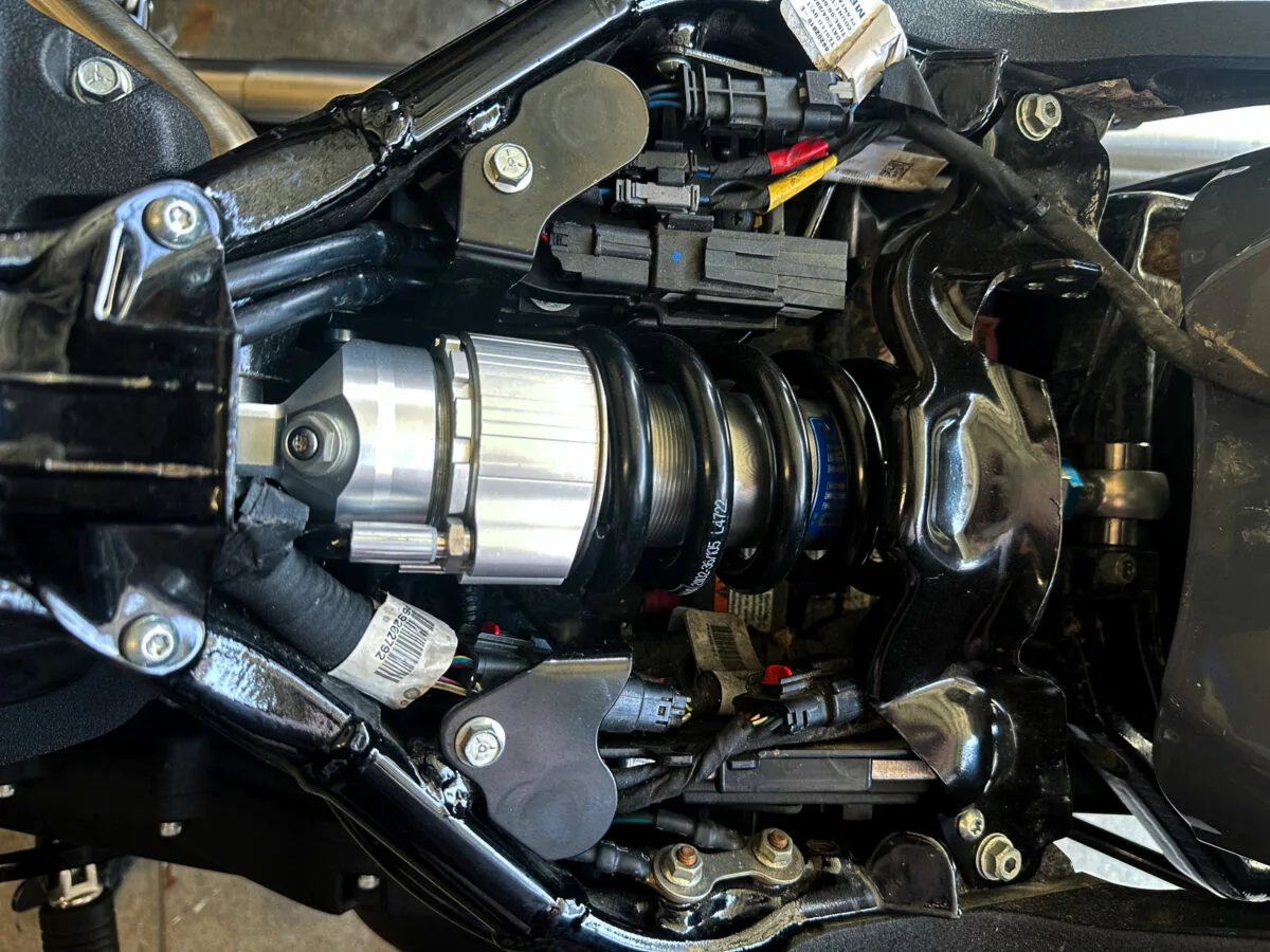 Front suspension and wheel detail shot