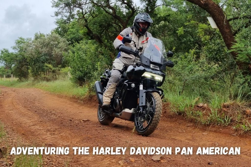 Pan America 1250 on a gravel or off-road trail to accompany its section