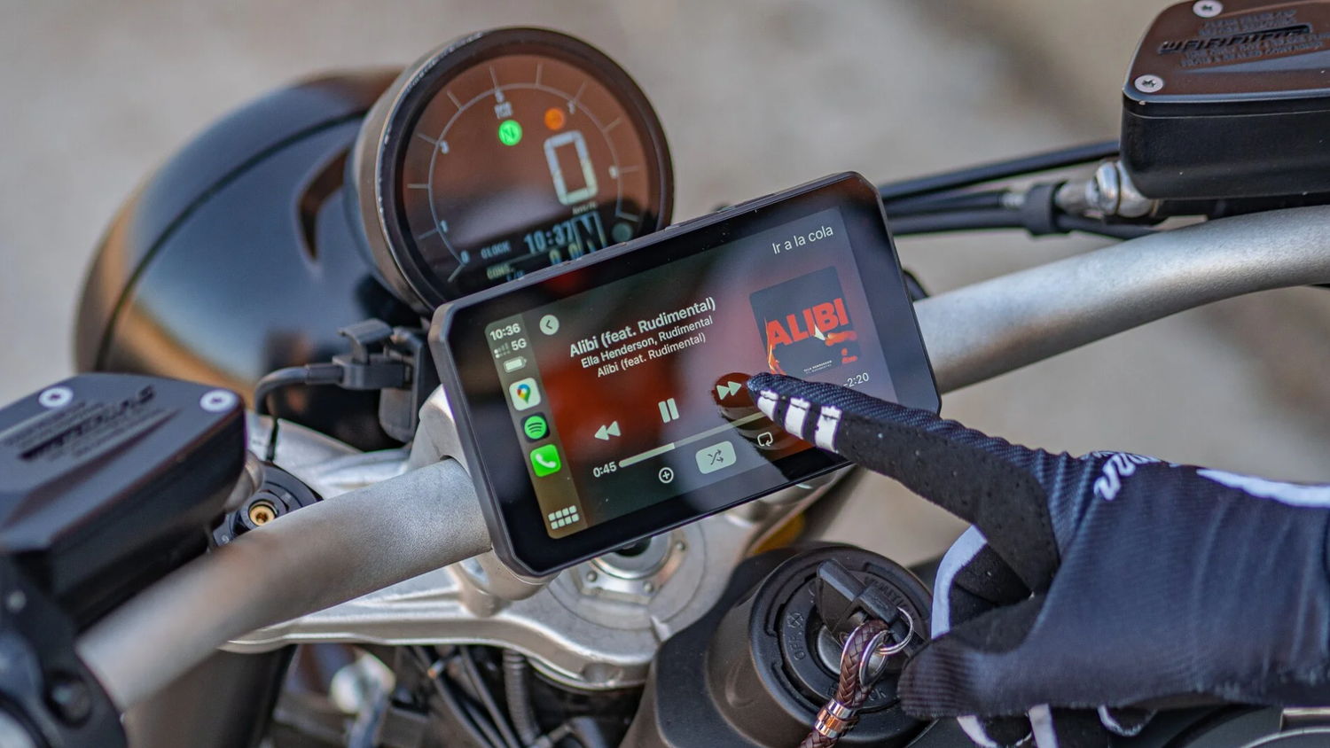 Close-up of modern motorcycle technology or infotainment for the tech section