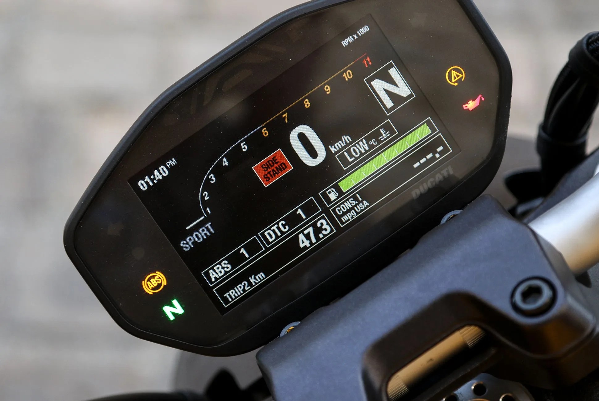 Close-up of adventure bike electronics and instrumentation