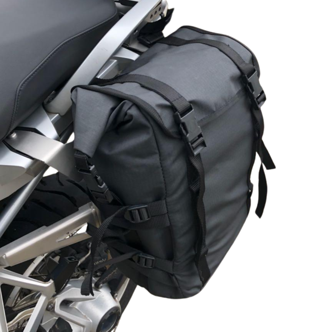 Adventure bike loaded with panniers for the comfort and long-distance section
