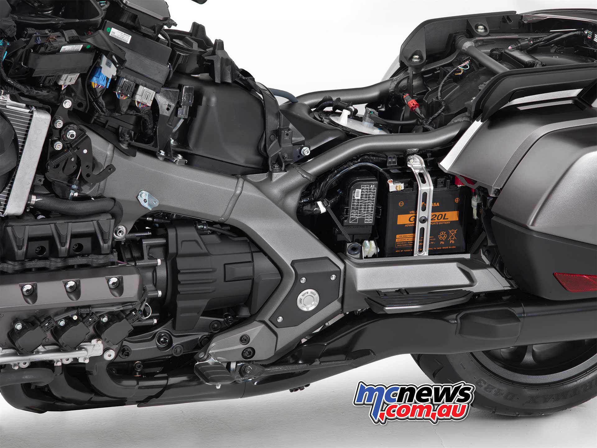 Engine detail shot of the Gold Wing's horizontally opposed six-cylinder