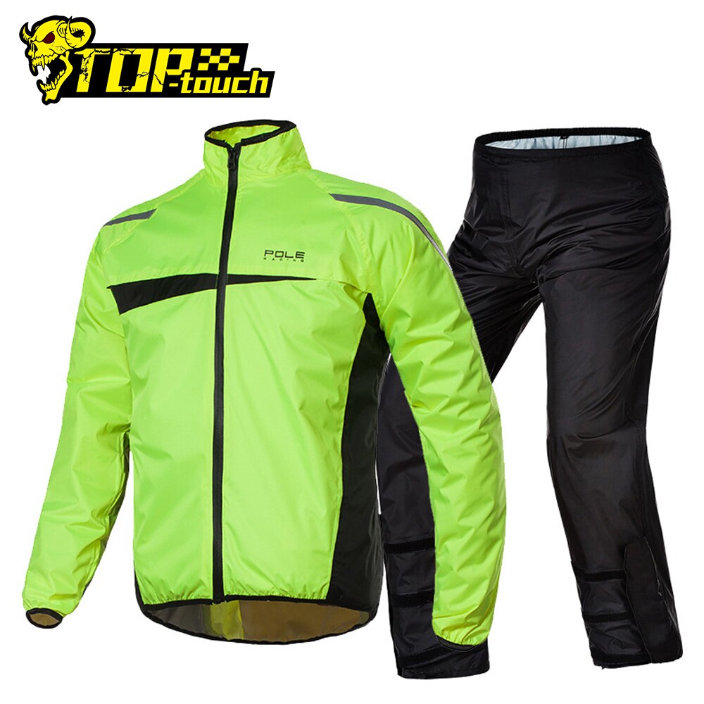 High-visibility waterproof rain suit or riding jacket for cold and wet conditions
