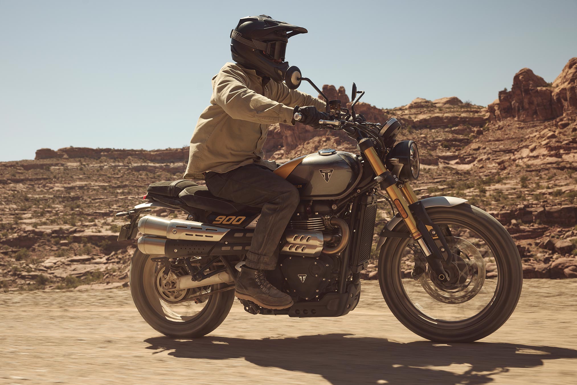 Triumph Scrambler 900 in its element on scenic tarmac or gravel road