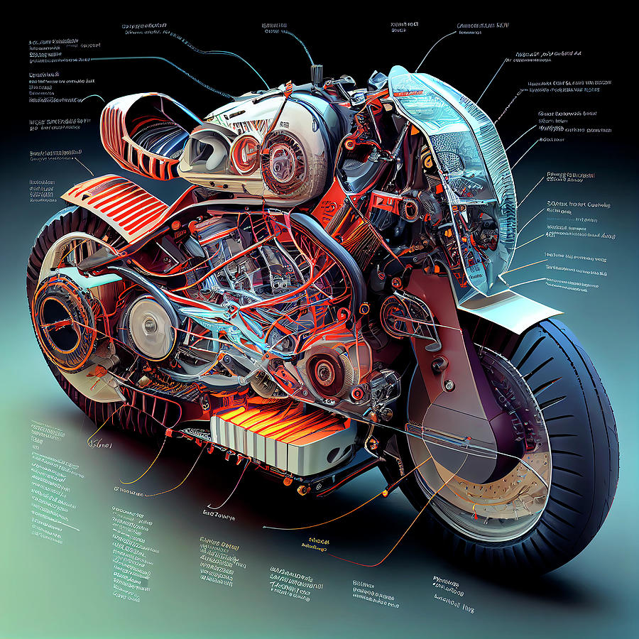 Technical illustration of a parallel hybrid motorcycle powertrain