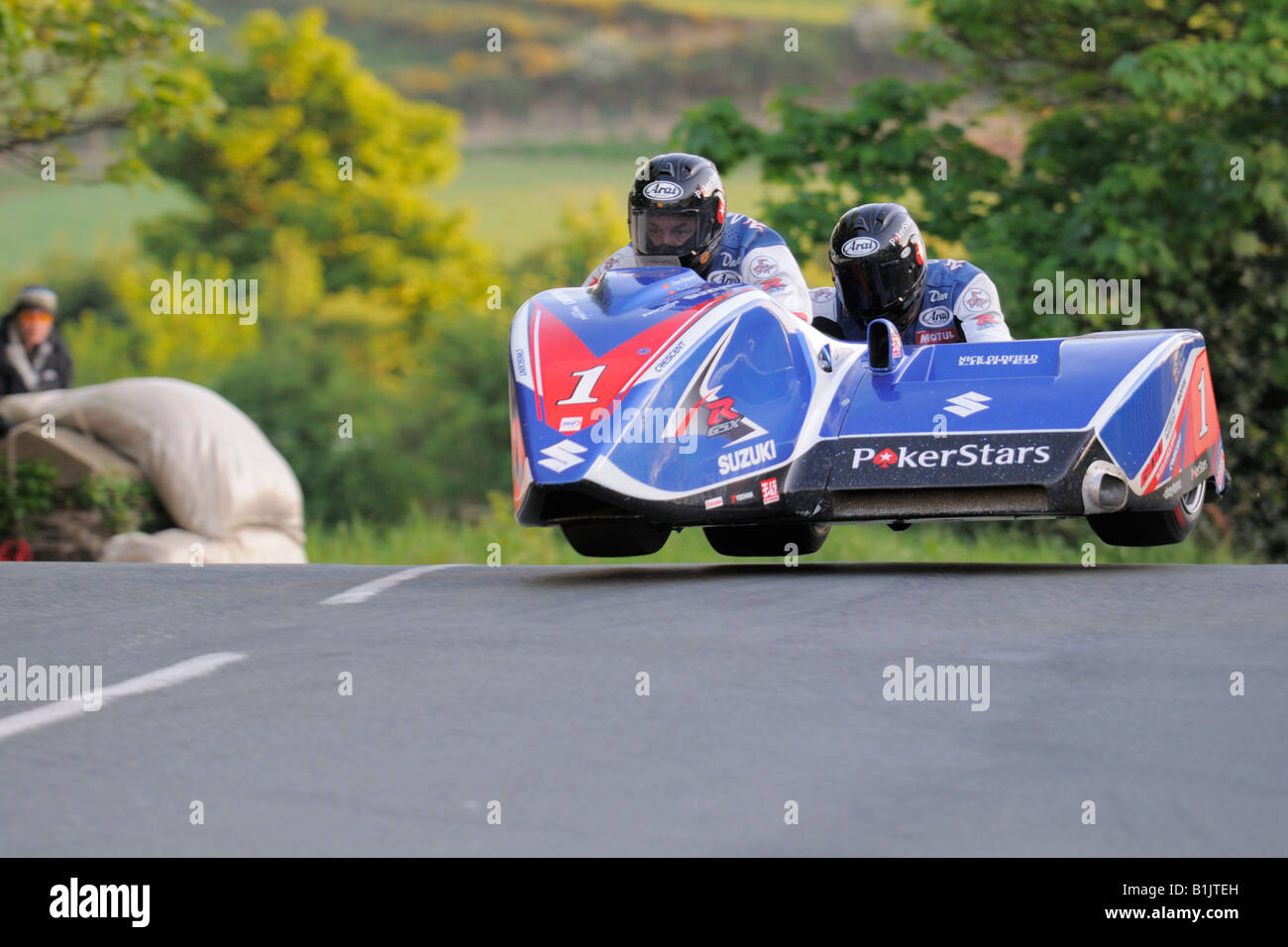 Sidecar jumping Ballaugh Bridge during the Sidecar TT