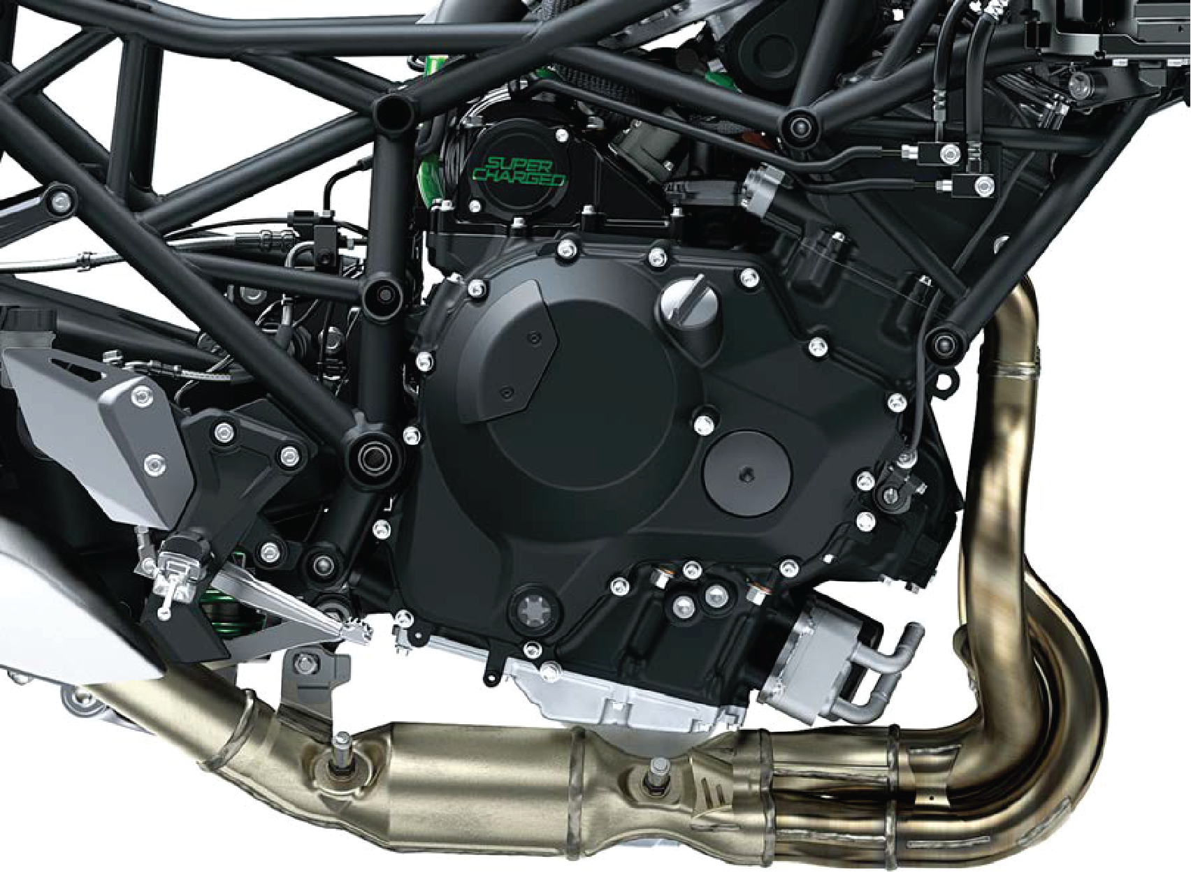 Close-up of the supercharged inline-four engine and mirror-finish supercharger cover