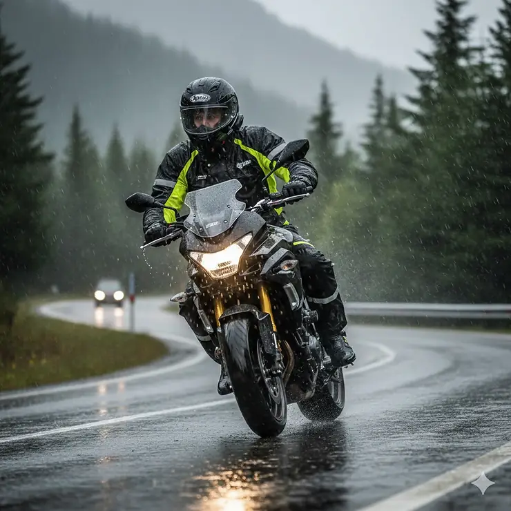 Rider in heavy rain to illustrate waterproofing section