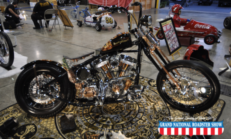 Image of a stunning custom bobber or chopper at a motorcycle show