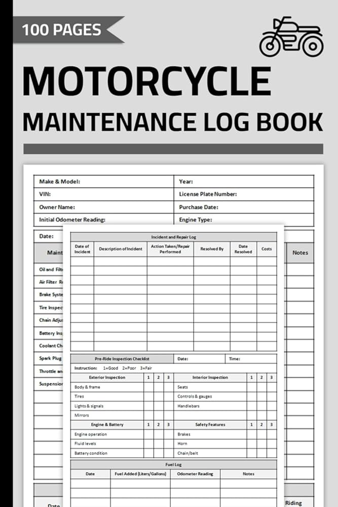 Motorcycle tools and maintenance logbook laid out in a garage setting