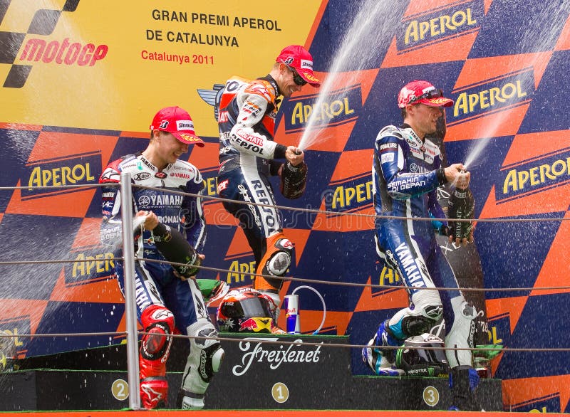 Podium celebration at a MotoGP Spanish round