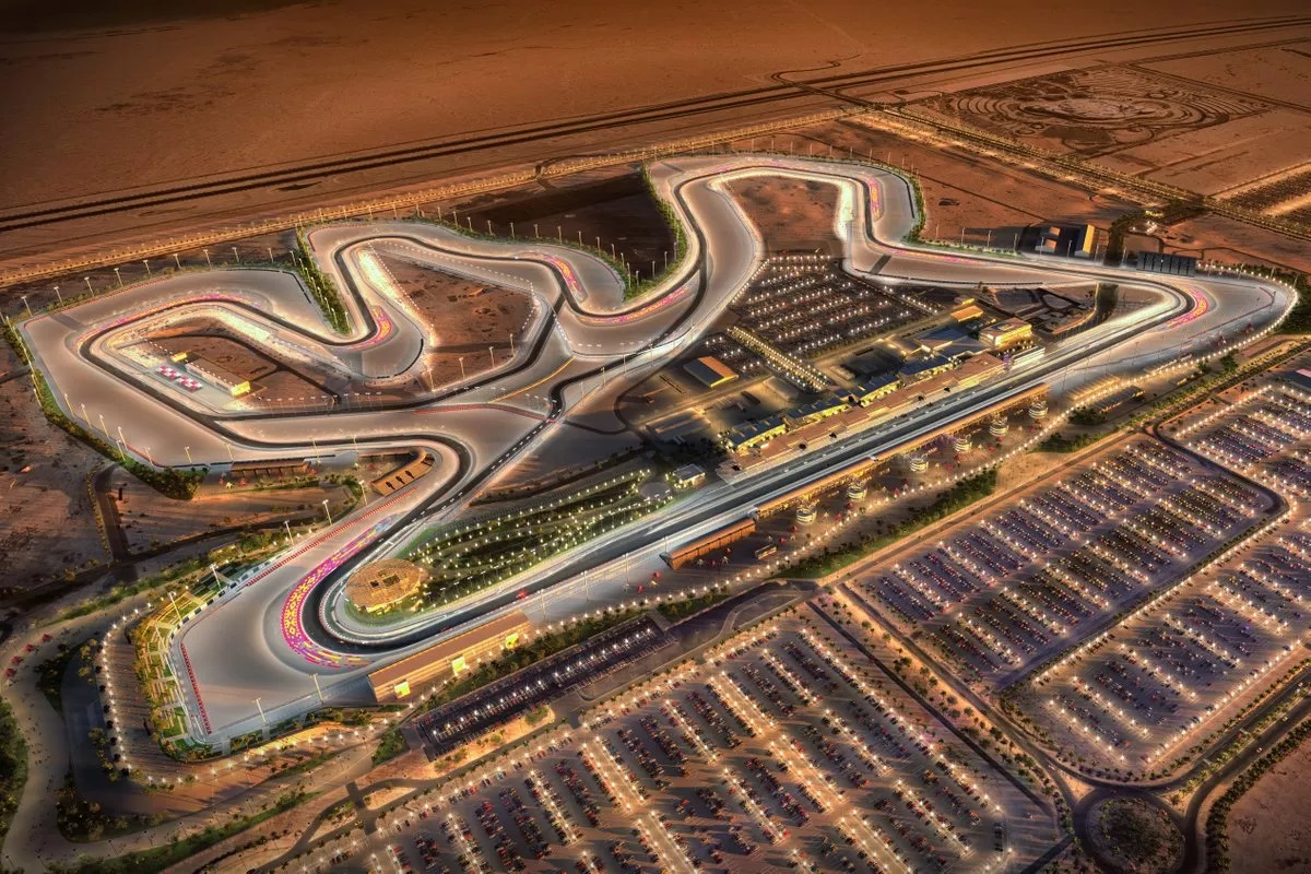 Aerial or wide establishing shot of the Lusail International Circuit layout