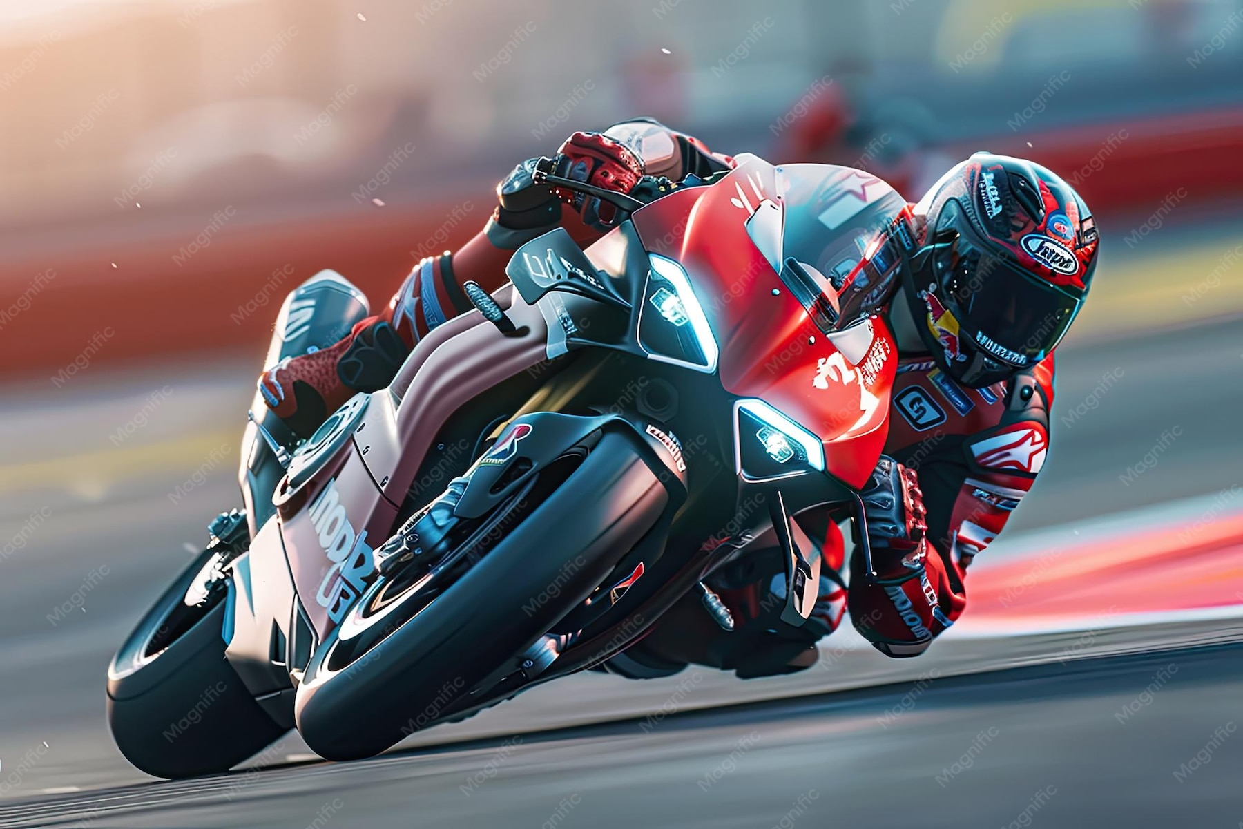 Action shot of MotoGP bikes through a fast corner for race narrative section