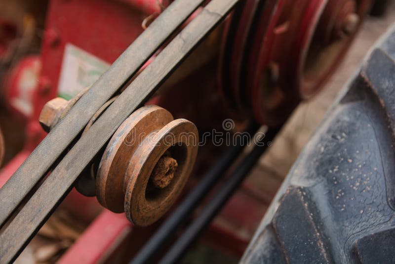 Close-up of a motorcycle belt drive system