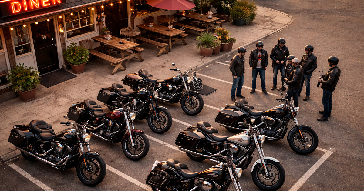 Riders gathered at a club meetup or breakfast ride staging area