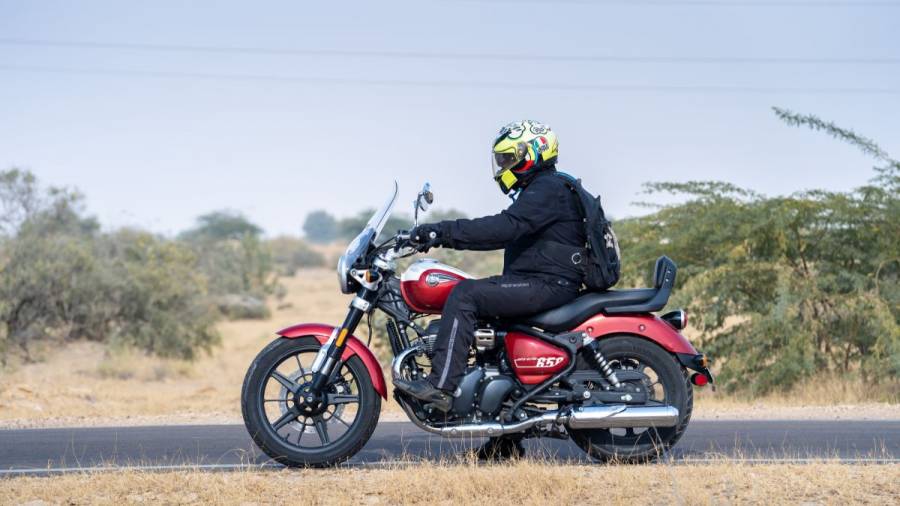 Hero image showing Royal Enfield twin-cylinder model in motion