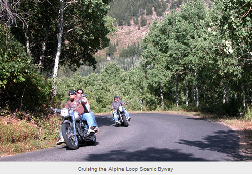 Motorcycles on the Alpine Loop scenic byway in Utah fall season