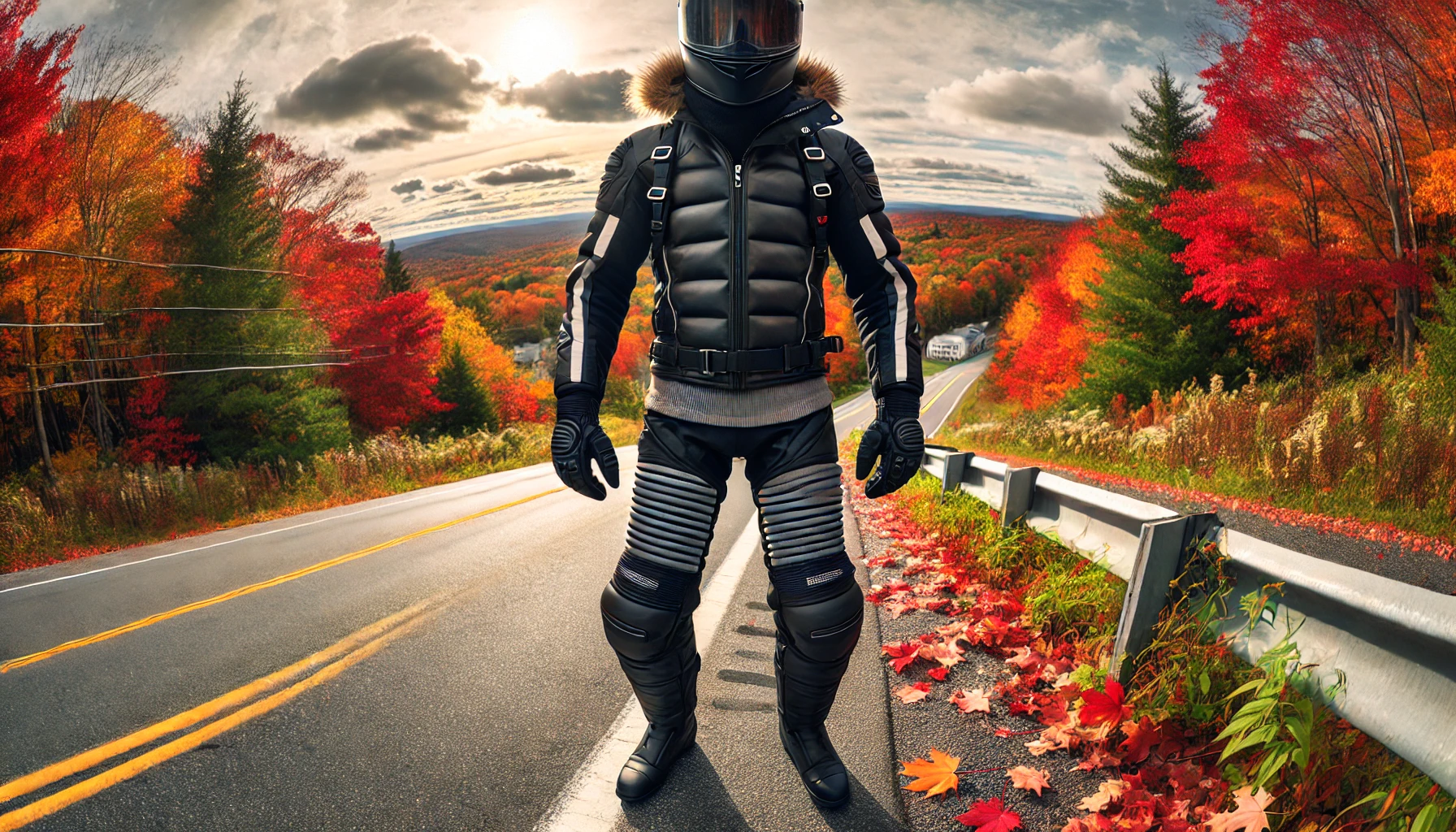 Rider in appropriate fall layered gear on a mountain road