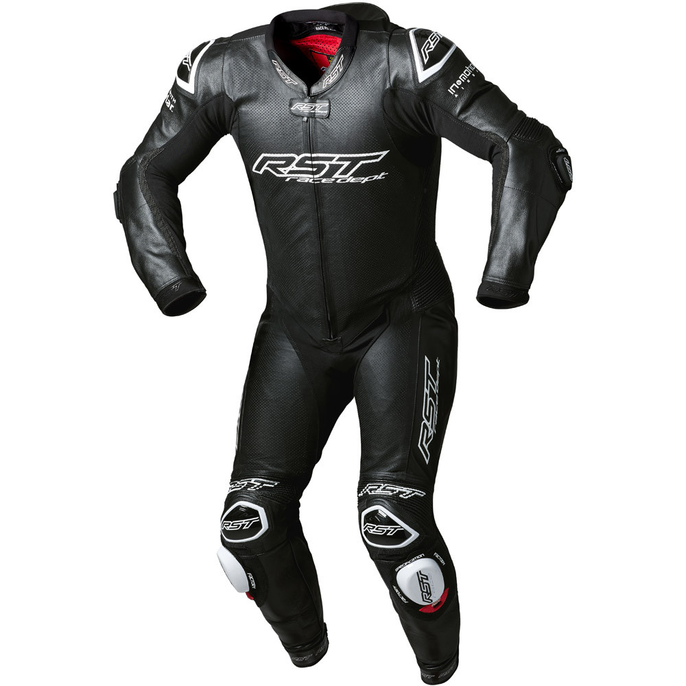 Rider in full leather race suit and helmet ready for track day