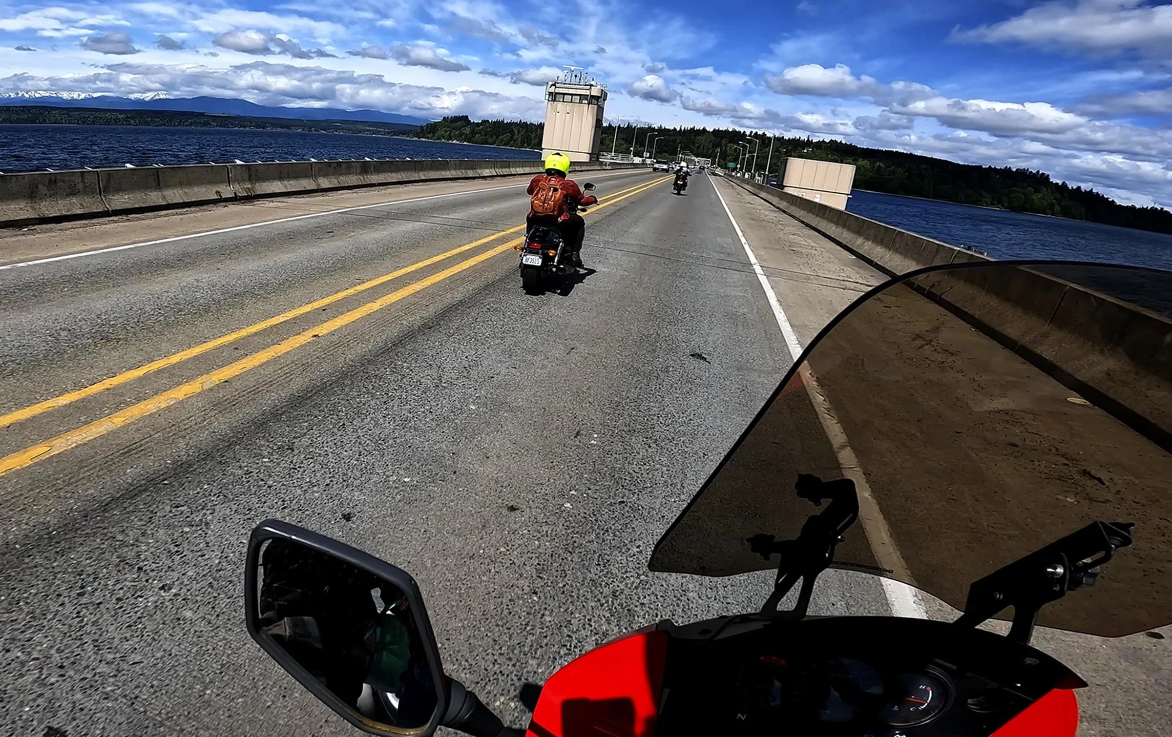 Dramatic mountain scenery along SR-20 North Cascades Highway with motorcycles