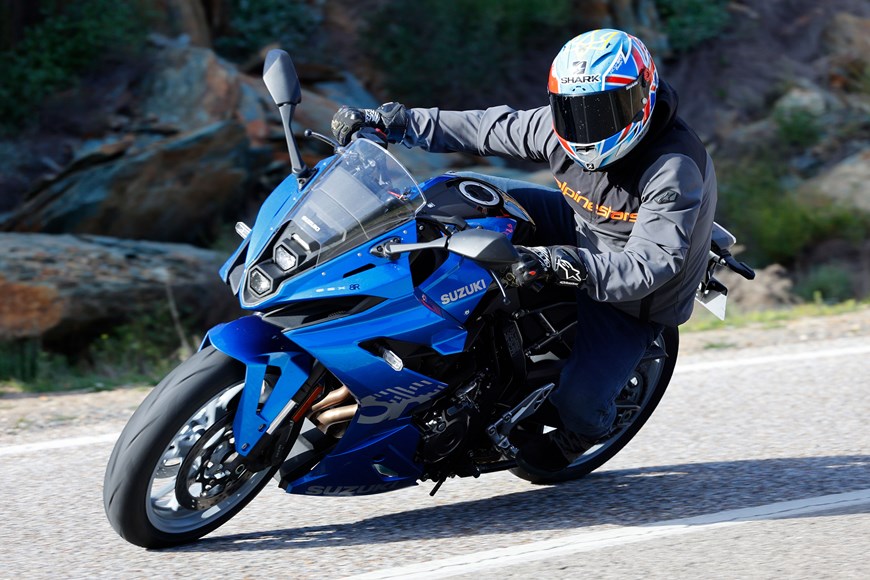 Action shot of the GSX-8R on a twisty road