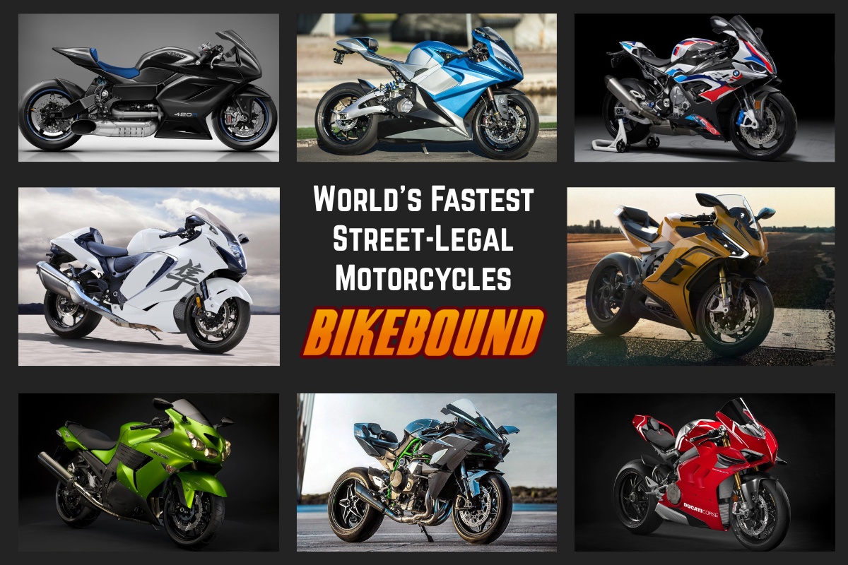 A dramatic lineup of high-performance superbikes on an open road or track