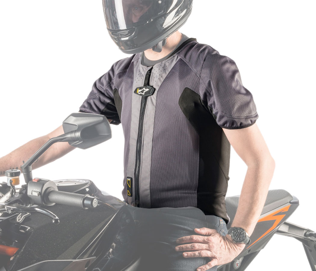 Rider wearing wearable airbag jacket to illustrate existing wearable technology