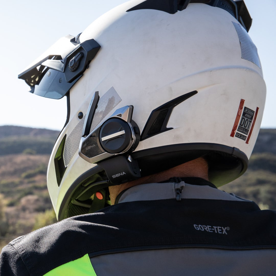 Close-up of Sena 50S installed on helmet