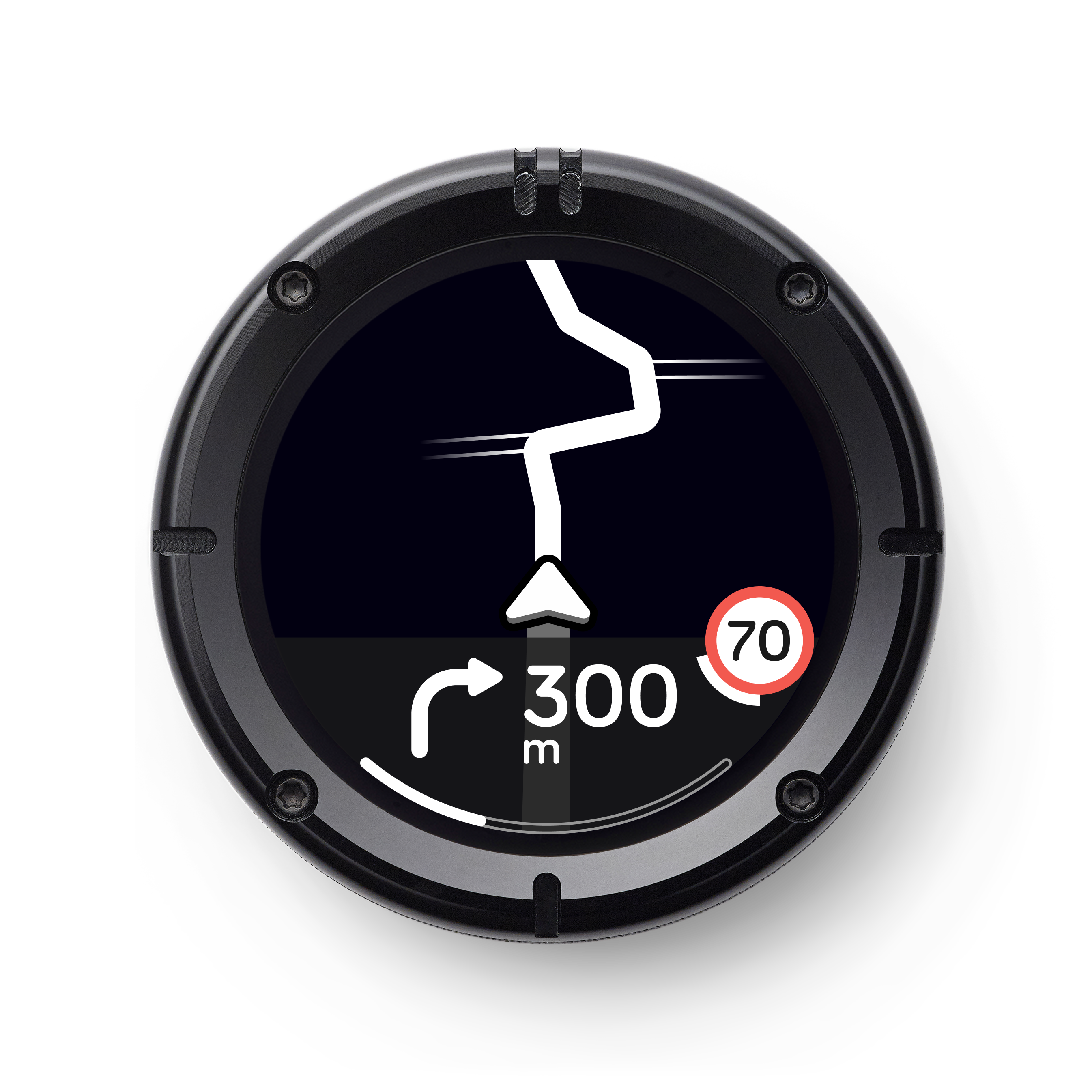 The Beeline Moto 2 mounted on handlebars showing compass interface