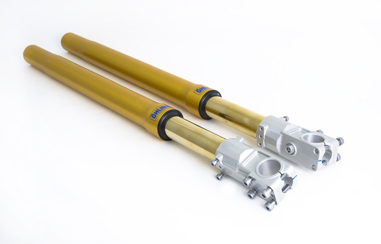 Detail shot of Öhlins electronic suspension components