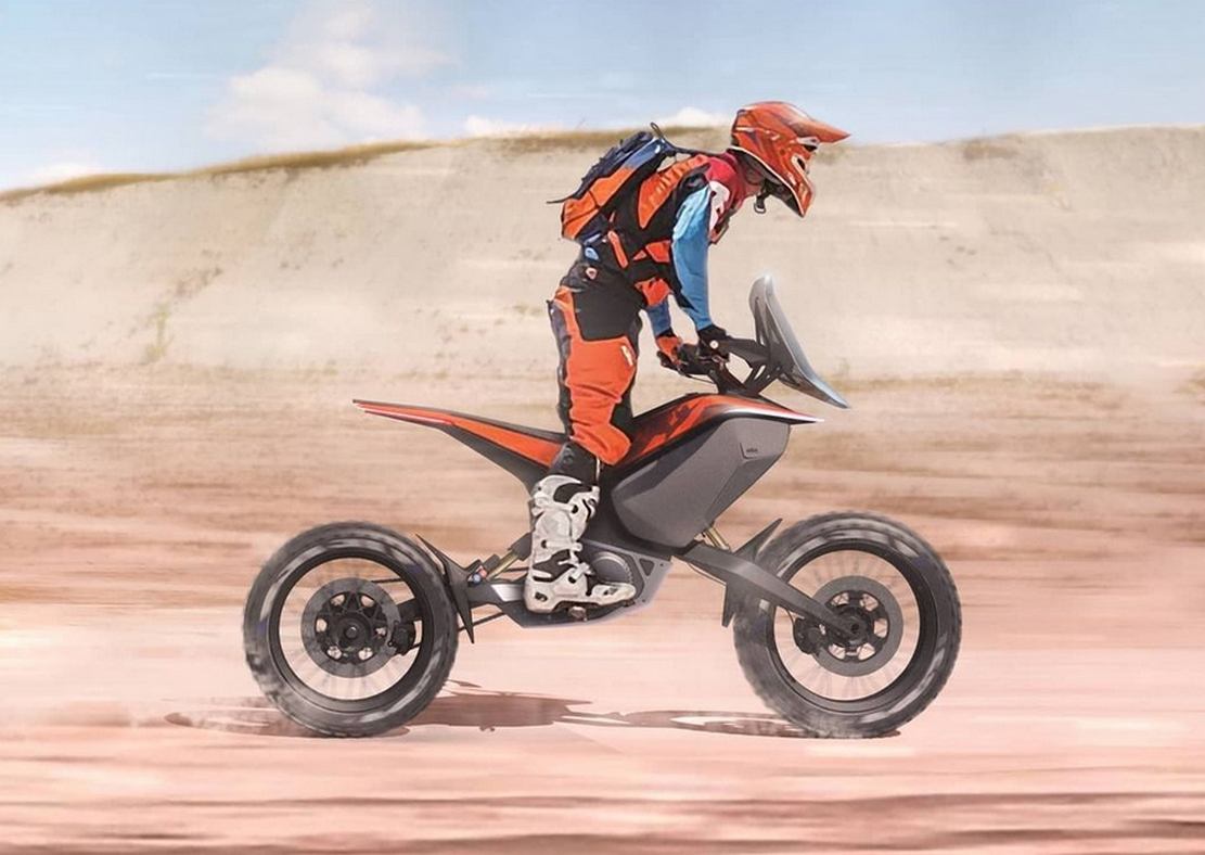 Hero image — KTM electric or adventure bike in dramatic off-road setting